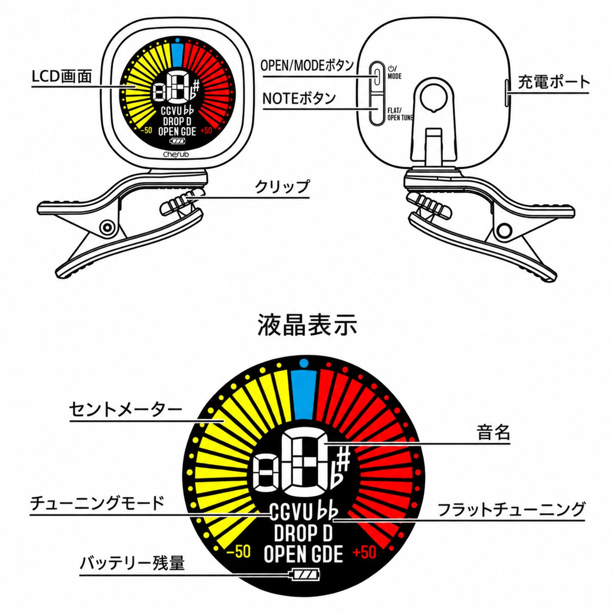 CHERUB WST-670 充電式クリップチューナー ギター・ウクレレ・バイオリン対応